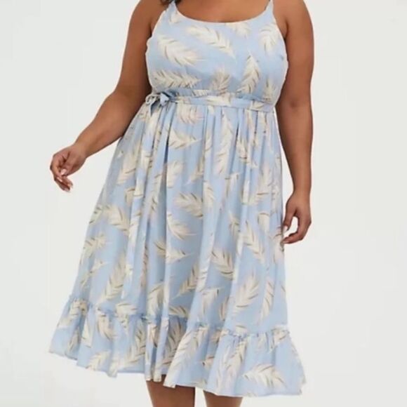 Torrid Blue Feather Print Belt Tie Dress Contemporary Boho Whimsical Resort - Picture 1 of 16